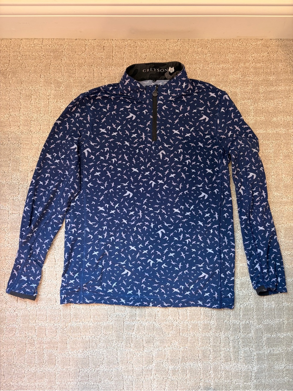 Greyson Navy Bird-Print Zip-Up Sweater